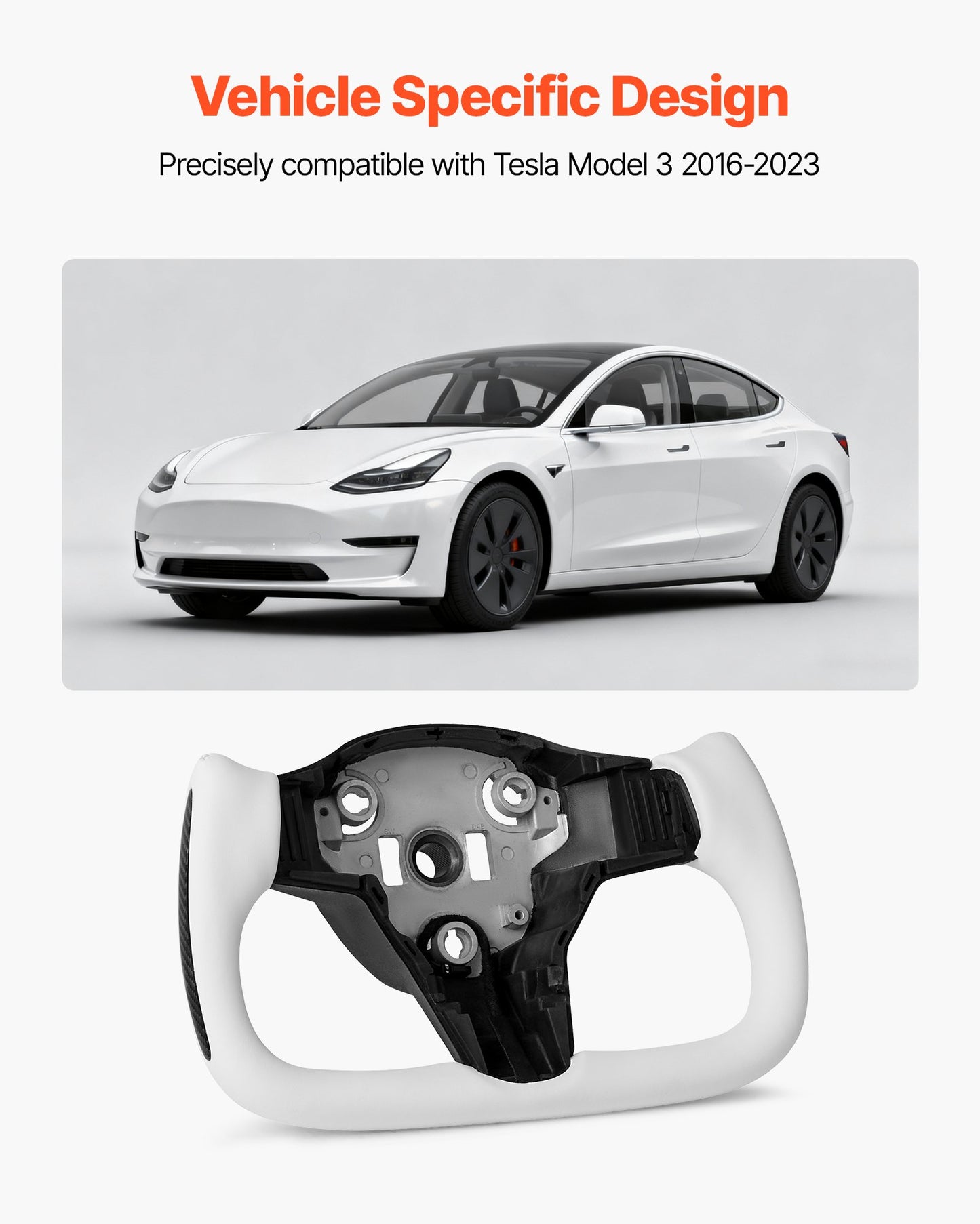 Steering Wheel For 2016-2023 Tesla Model 3, Carbon Fiber Steering Wheel D-Shaped Flat-Bottom With Heating Function, Leather Grip With Non-Slip Texture, Accessories Replacement For Model 3, White