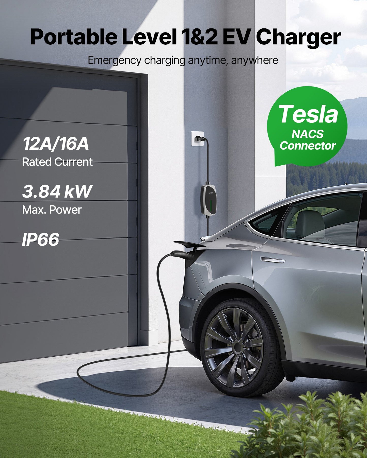 Level 1/2 Tesla Charger 16A Portable EV Charger 25 Ft Cable 120V-240V NEMA 6-20P
